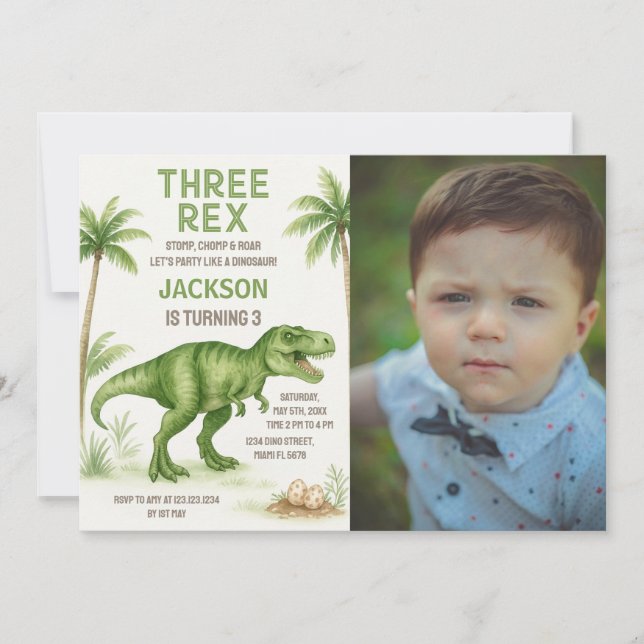 Roaring Dinosaur Birthday Invitations with photo (Front)