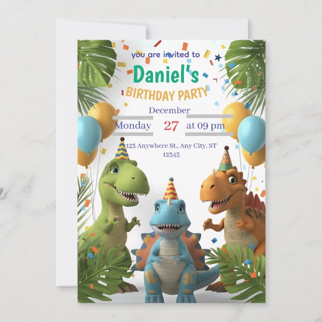 Roaring Dinosaur Boys Birthday Party Invitation |  (Front)