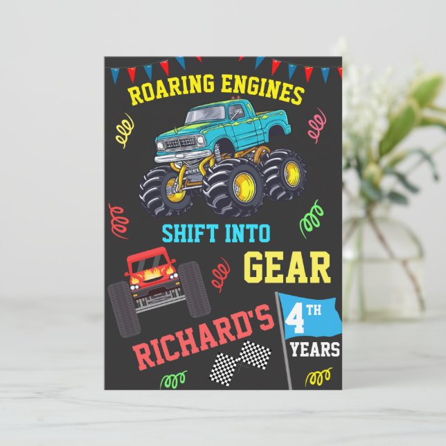 Roaring Engines Kids Monster Truck Birthday Party Invitation (Standing Front)