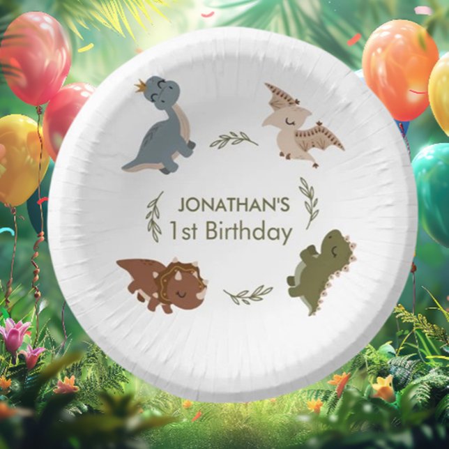 Roaring First Birthday Celebration Paper Plate (Transform your party with our stunning boho dinosaur theme paper plates! )