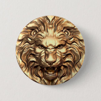 Roaring gold lion head 6 cm round badge