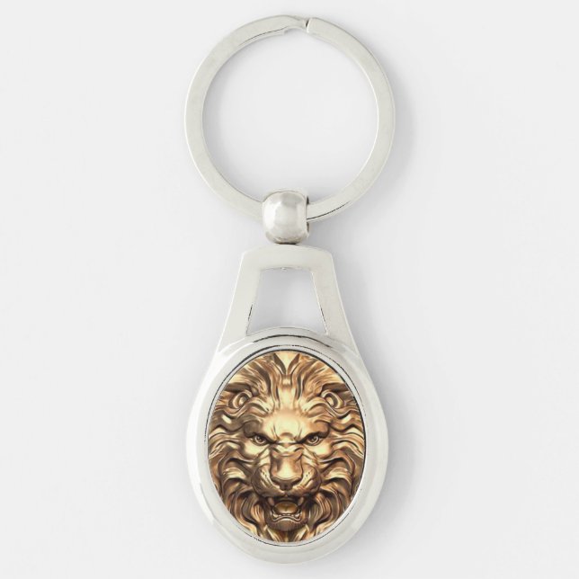 Roaring Gold Lion Head Metal Keychain (Front)