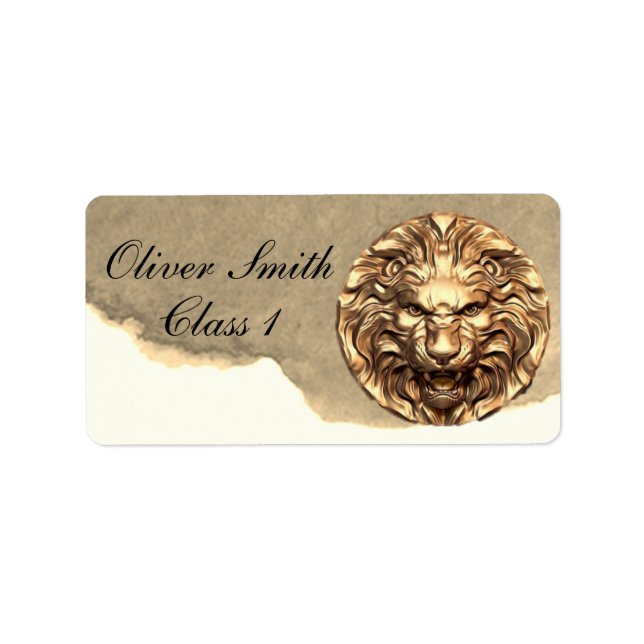 Roaring Gold Lion Head Personalised School Label (Front)
