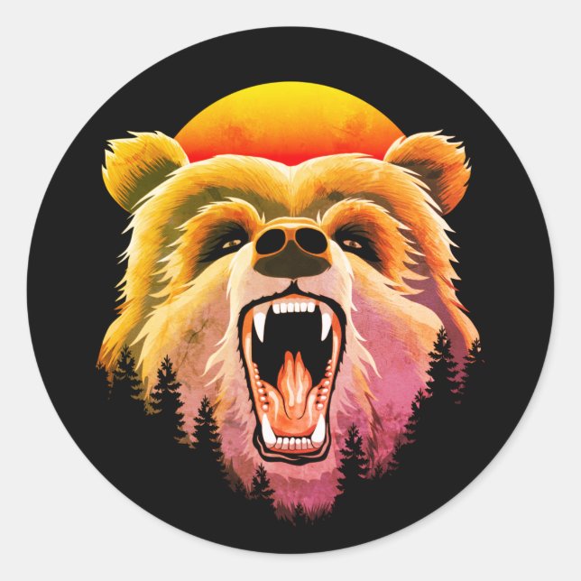 Roaring Grizzly Bear Face Classic Round Sticker (Front)
