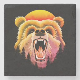Roaring Grizzly Bear Face Stone Coaster