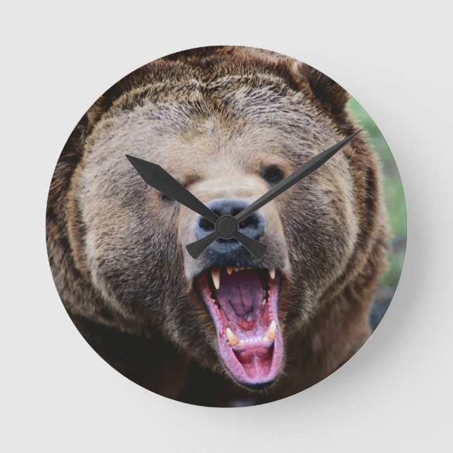 Roaring Grizzly Bear Round Clock (Front)