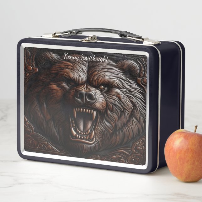 Roaring Grizzly Carved in Leather Metal Lunch Box (In Situ)