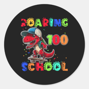 Roaring Into 100 Days Of School Dino T-rex Skatebo Classic Round Sticker