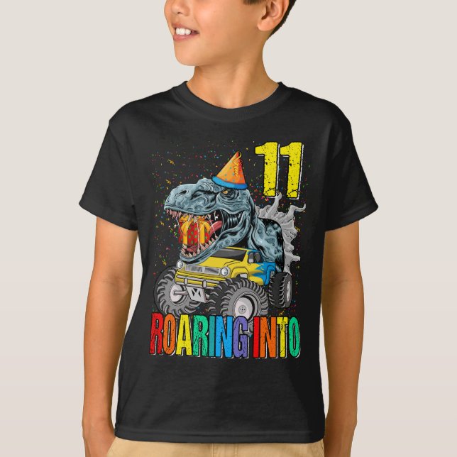 Roaring Into 11th Birthday Monster Truck Dinosaur T-Shirt (Front)