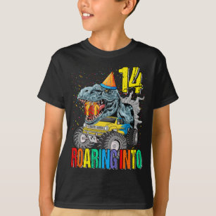 Roaring Into 14th Birthday Monster Truck Dinosaur T-Shirt