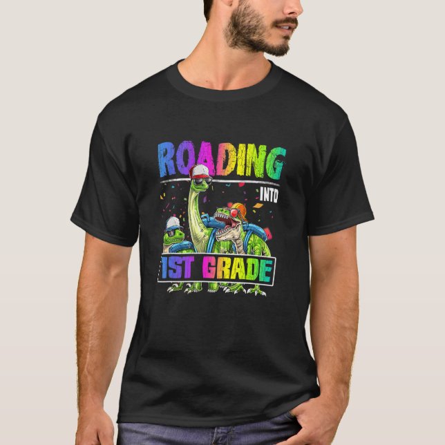 Roaring Into 1st Grade Dinosaur Backpack Back To S T-Shirt (Front)