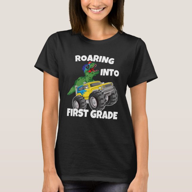 Roaring into 1st Grade Monster Truck Dinosaur Rex  T-Shirt (Front)