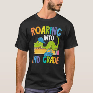 Roaring Into 2nd Grade Dinosaur Riding Pencil Back T-Shirt
