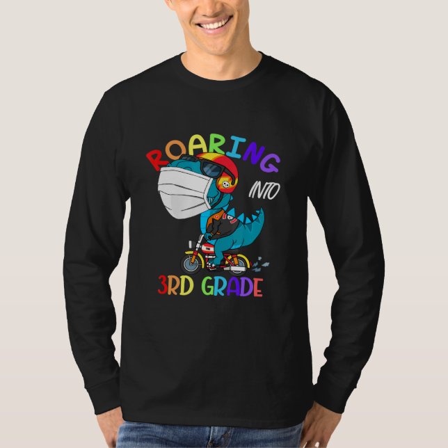 Roaring Into 3rd First Grade Dinosaur Face Mask Bo T-Shirt (Front)