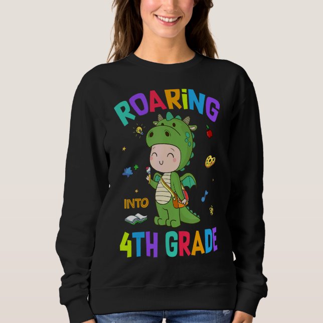 Roaring Into 4th Grade Dinosaur Back To School Sweatshirt (Front)