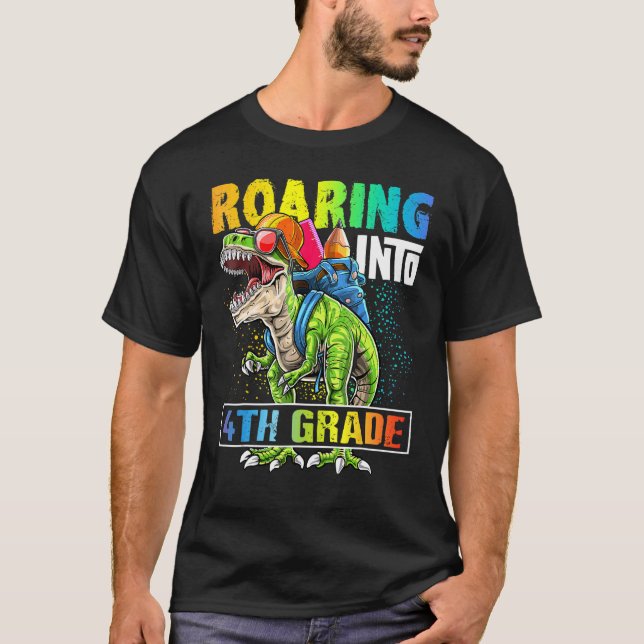 Roaring Into 4th Grade Dinosaur Backpack Back To S T-Shirt (Front)