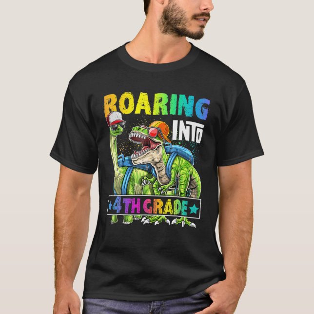 Roaring Into 4Th Grade Dinosaur Backpack Back To S T-Shirt (Front)
