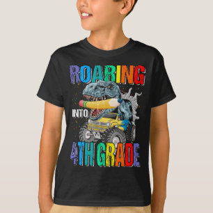 Roaring Into 4th Grade Monster Truck Dinosaur Boys T-Shirt