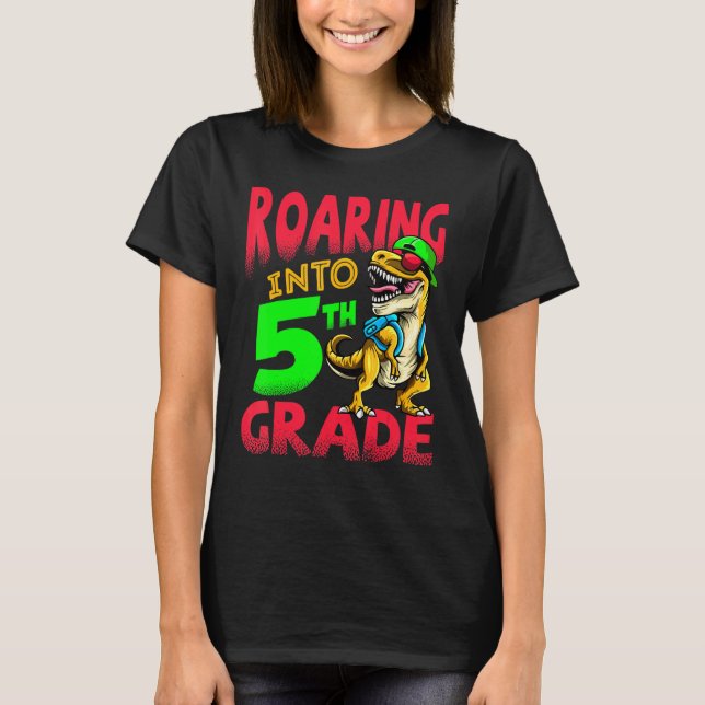 Roaring Into 5th Grade Dinosaur T-Rex Boys Kids T-Shirt (Front)