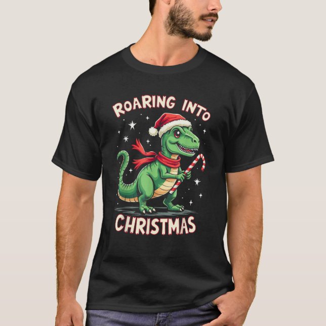 Roaring into Christmas T Rex Santa Hat Candy Cane  T-Shirt (Front)