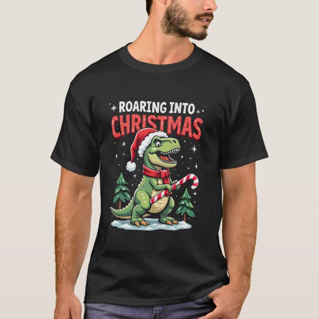 Roaring into Christmas T Rex Santa Hat Candy Cane  T-Shirt (Front)