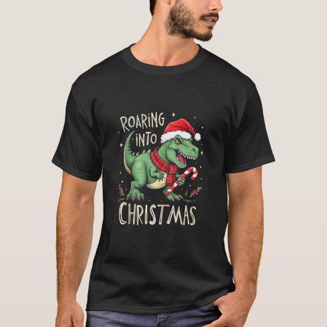 Roaring into Christmas T Rex Santa Hat Candy Cane  T-Shirt (Front)