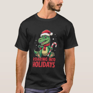 Roaring into Holiday T Rex Santa Hat Candy Cane Ch T-Shirt