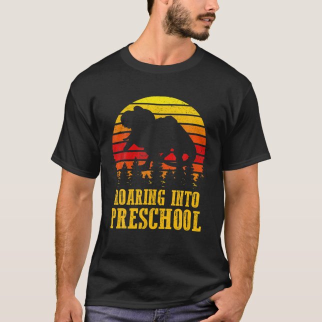 Roaring Into Preschool Dinosaur Teacher Pre K Back T-Shirt (Front)