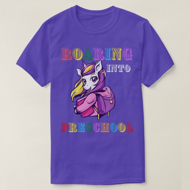 Roaring Into Preschool Unicorn Back to School Girl T-Shirt (Design Front)