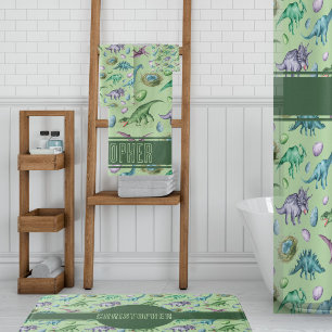 Roaring Jurassic Dinosaurs and Eggs in Green Bath Mat