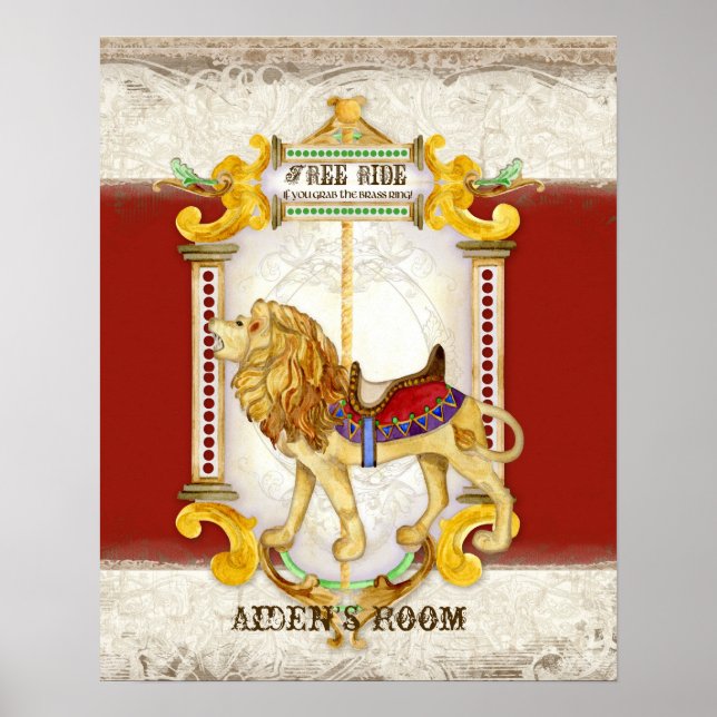 Roaring Lion Brass Ring, Circus Carousel Vintage Poster (Front)
