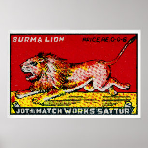 Roaring Lion India 1920s-30s Matchbox Label Poster