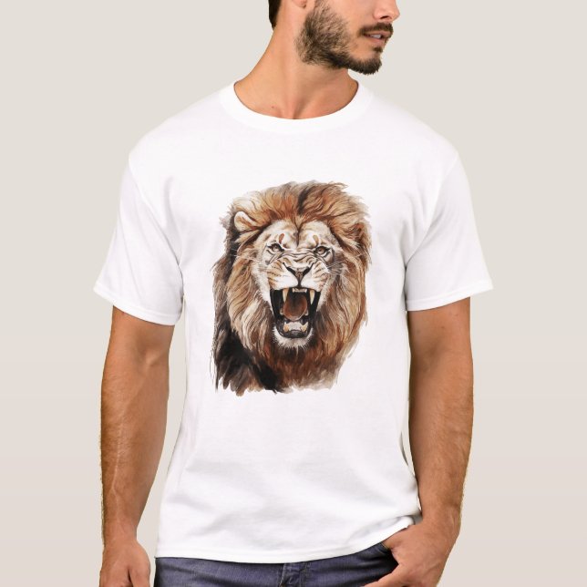 Roaring Lion Watercolor Painting Portrait T-Shirt (Front)