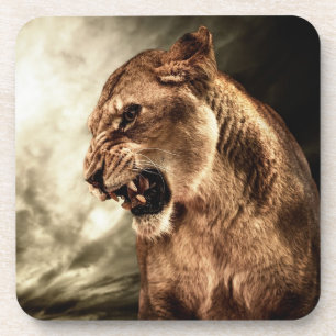 Roaring lioness against stormy sky coaster