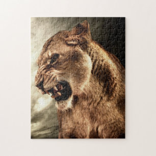 Roaring lioness against stormy sky jigsaw puzzle
