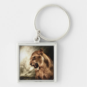 Roaring lioness against stormy sky key ring