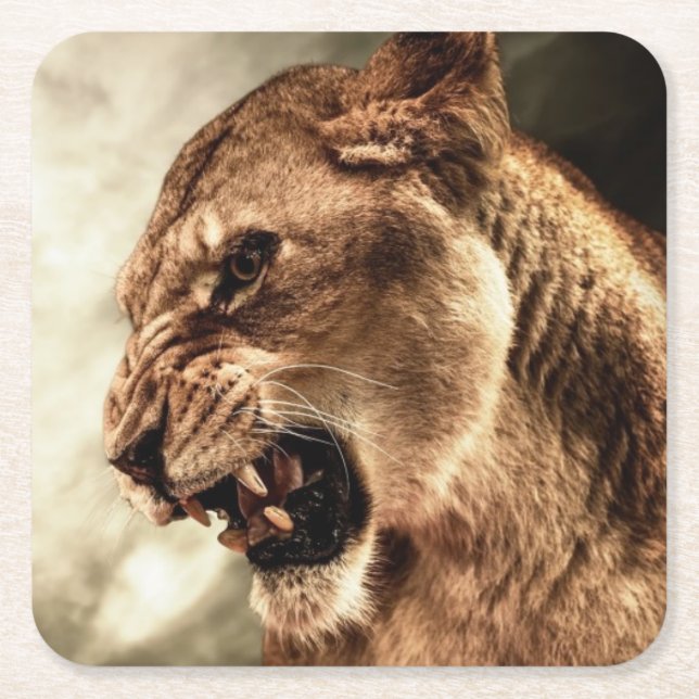 Roaring lioness against stormy sky square paper coaster (Front)