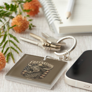 Roaring Longhorn Bull American Flag Western Key Ring