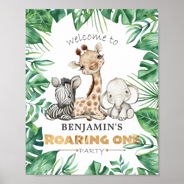 Roaring One Jungle Safari 1st Birthday Party Poster (Front)