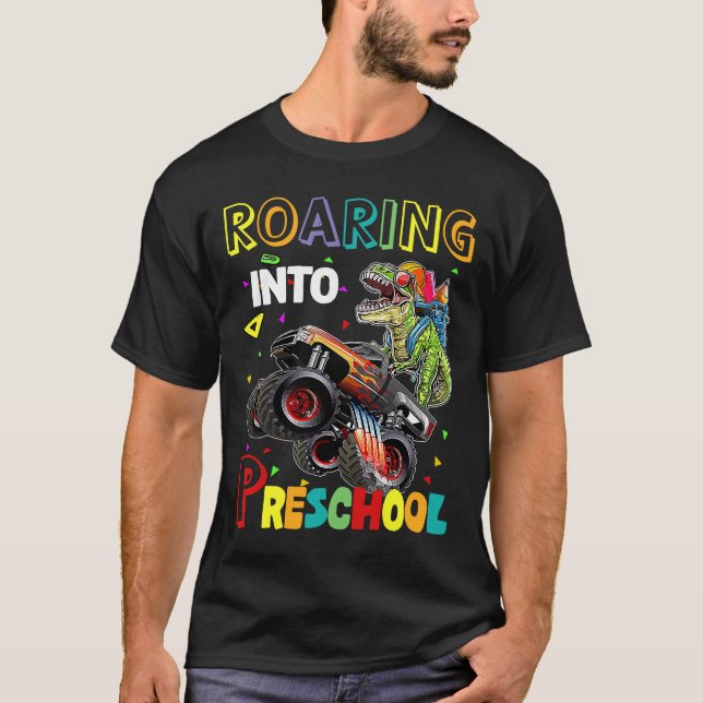 Roaring Preschool Dinosaur Monster Truck Back to S T-Shirt (Front)