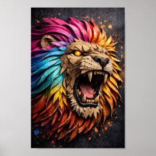 Roaring Rainbow Lion Paper Sculpture 3D Art Poster