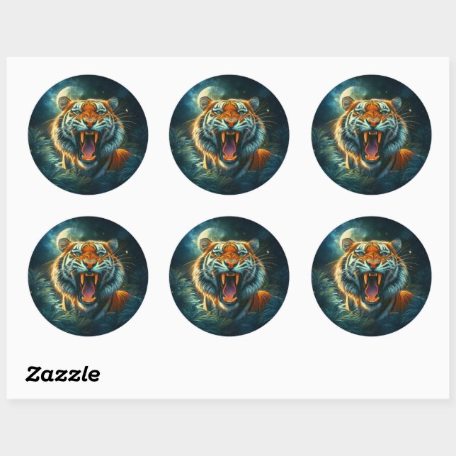 Roaring Tiger Moonlit Jungle Classic Round Sticker (Sheet)