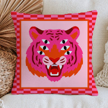 Roaring Tiger on Checkered Pattern Funky Pink