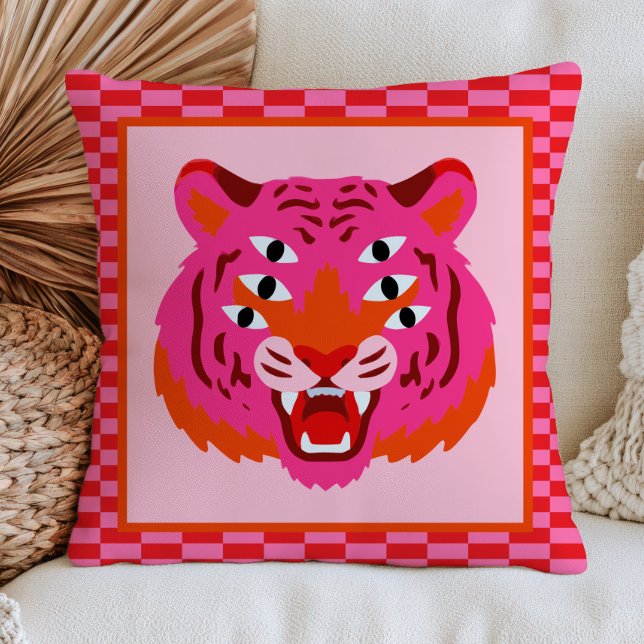 Roaring Tiger on Chequered Pattern Funky Pink Cushion (Creator Uploaded)