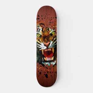 Roaring Tiger Paint Splatter on Dark Red Wood Skateboard