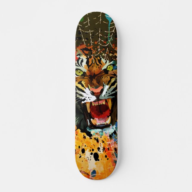 Roaring Tiger Paint Splatter Spider Web Street Art Skateboard (Front)