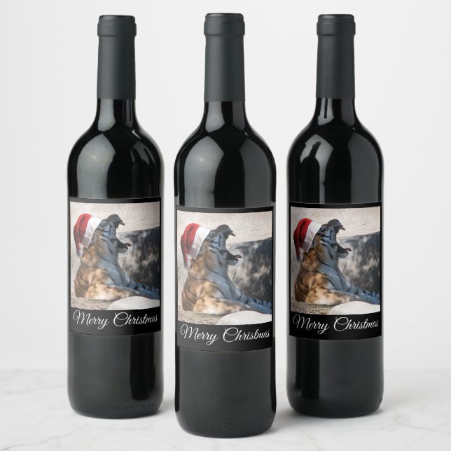 Roaring Tiger wearing a Santa Hat Wine Label (Bottles)