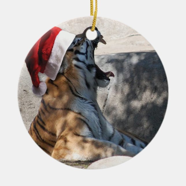 Roaring Tiger with Santa Hat Ceramic Tree Decoration (Front)