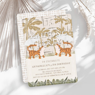 Roaring Tigers Beige Chinoiserie Mahjong Birthday Invitation
