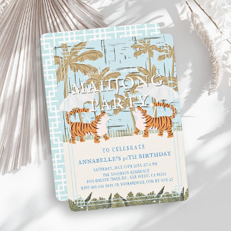 Roaring Tigers Blue Chinoiserie Mahjong Birthday Invitation